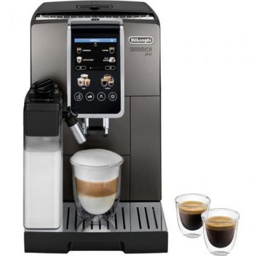 Espressor automat De'Longhi Dinamica Plus ECAM 380.95.TB, 2 carafe pentru lapte, tehnologie LatteCrema, 1.8 l, 1450 W, 15 bar (Negru/Gri inchis)