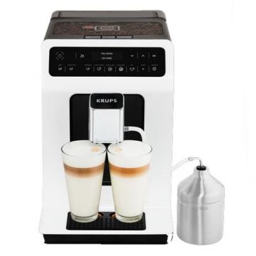 Espressor Automat Krups Evidence EA891110 XS60000, 1450W, 15 bari, functie One-Touch Cappuccino, alb, display intuitiv, rezervor de apa de capacitate mare, Negru/Alb