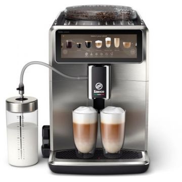 Espressor complet automat Saeco Xelsis Suprema SM8885/00, 15 bari, 22 specialitati de cafea, 8 profile de utilizator, interfata Coffee Maestro, tehnologie BeanMaestro, functie LatteDuo, rasnita ceramica, filtru Aqua Clean, Gri