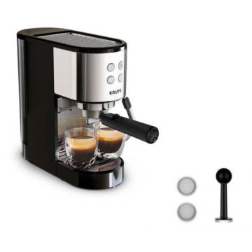 Espressor manual Krups Virtuoso Essential XP441810, presiune 15 bari, rezervor apa 1L, sistem de spumare a laptelui, functie apa fierbinte, reglare temperatura, oprire automata, sistem ThermoBlock, design compact (Negru/Argintiu)