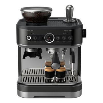 Espressor semi-automat Philips Barista Brew PSA3218/10, 1350 W, 4 buc portfiltre din otel, Rasnita incorporata, 15 setari de macinare, Carafa din otel (Argintiu/Negru)