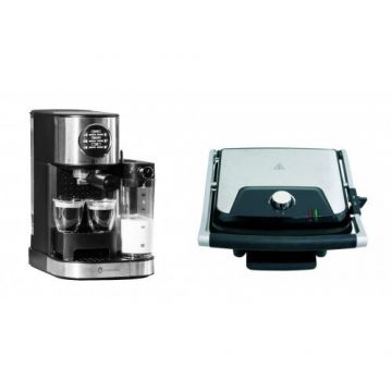 Pachet Espressor Manual Barista latte 15bar 1470W 1.2l Cana Lapte 700ml Grill Electric Panini & Negru/Argintiu