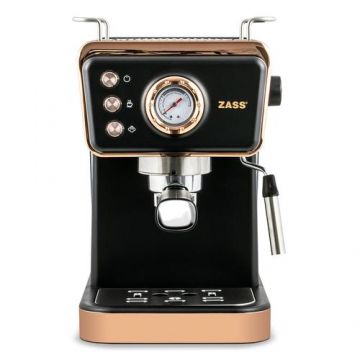 Espressor manual Zass Rose Gold ZEM 20, 1350 W, 1.5 l, 20 bar, Control electronic, Filtru dublu inox si filtru capsule Nespresso (Negru/Roz)